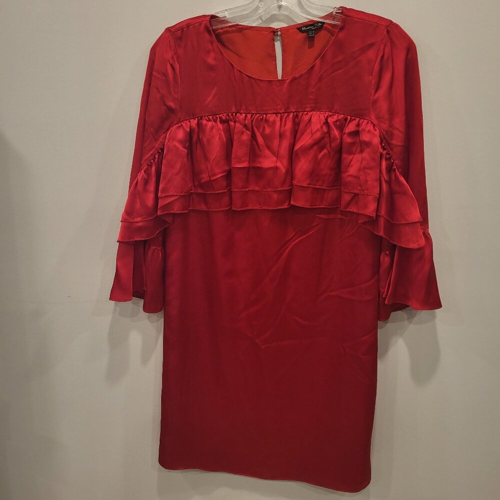 Massimo Dutti Silk Red Dress Ruffle Straight Shift Size 6